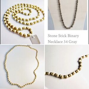 Stone+Stick Stone Stick Brass Gold Metal Cream Wood Bead Long Necklace 42"